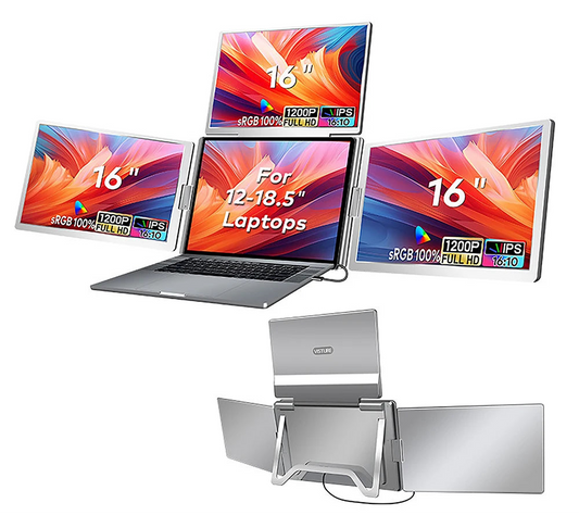 Visture laptop with multiple screens and stand on a white background