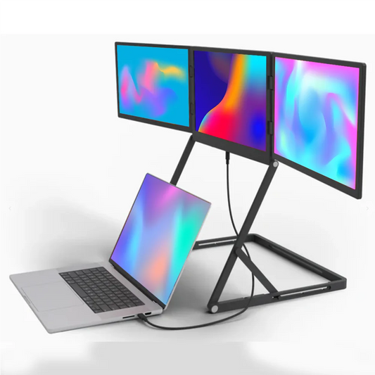 Laptop with a stand displaying three monitors on a white background
