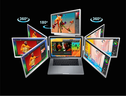 Laptop with screens showing different rotation angles on a black background