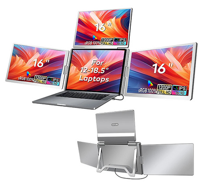 Visture laptop with multiple screens and stand on a white background