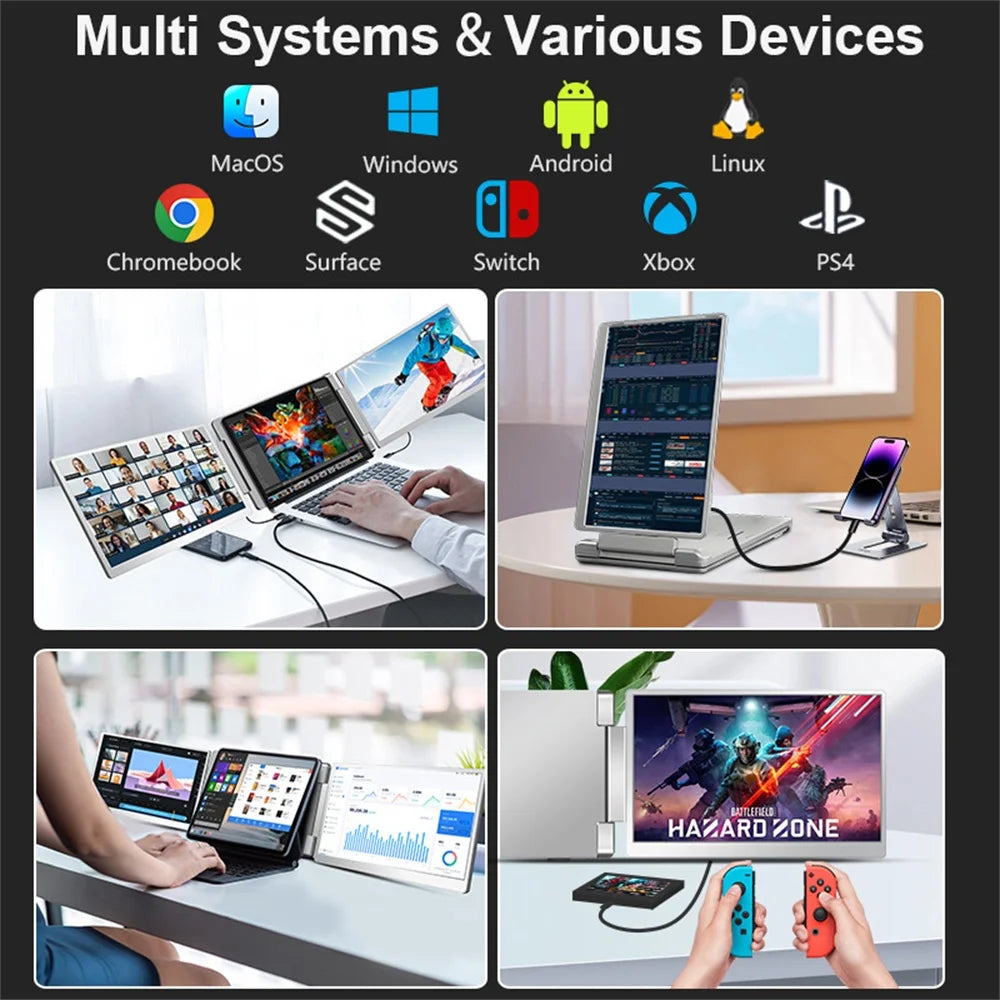 Collage of devices and operating systems with icons and images of people using technology.