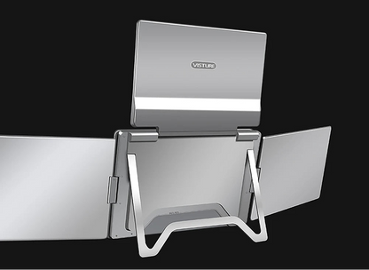 Adjustable stand for a quad monitor setup with text describing its features.