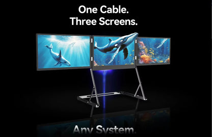 Three screens displaying underwater scenes with a shark, coral, and fish, on a stand with 'One Cable. Three Screens.' text.
