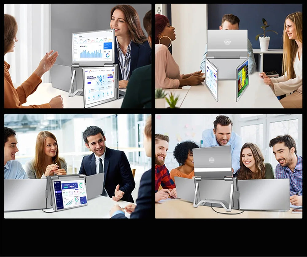 Collage of people using multiple computer screens in various settings with text 'Different Alternative Display Modes'.