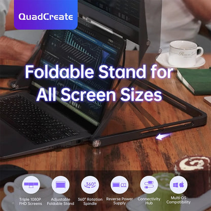 Foldable stand for laptop on a desk with QuadCreate branding