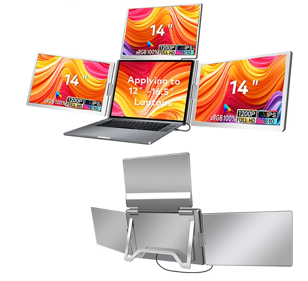 Laptop with a multi-monitor stand displaying colorful screens, branded 'VISTURE'.