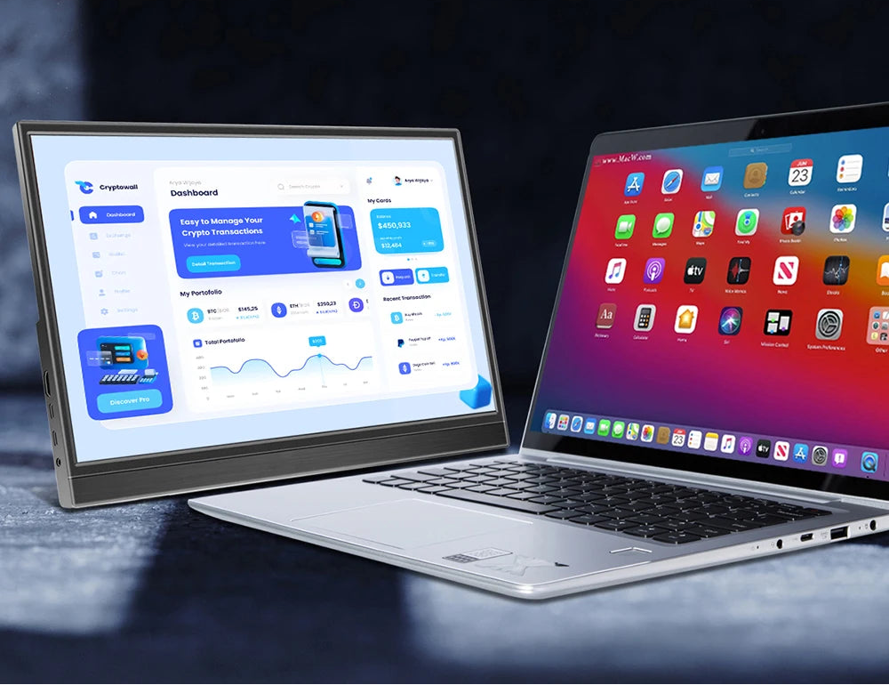 Two laptops with screen extension feature on a dark background