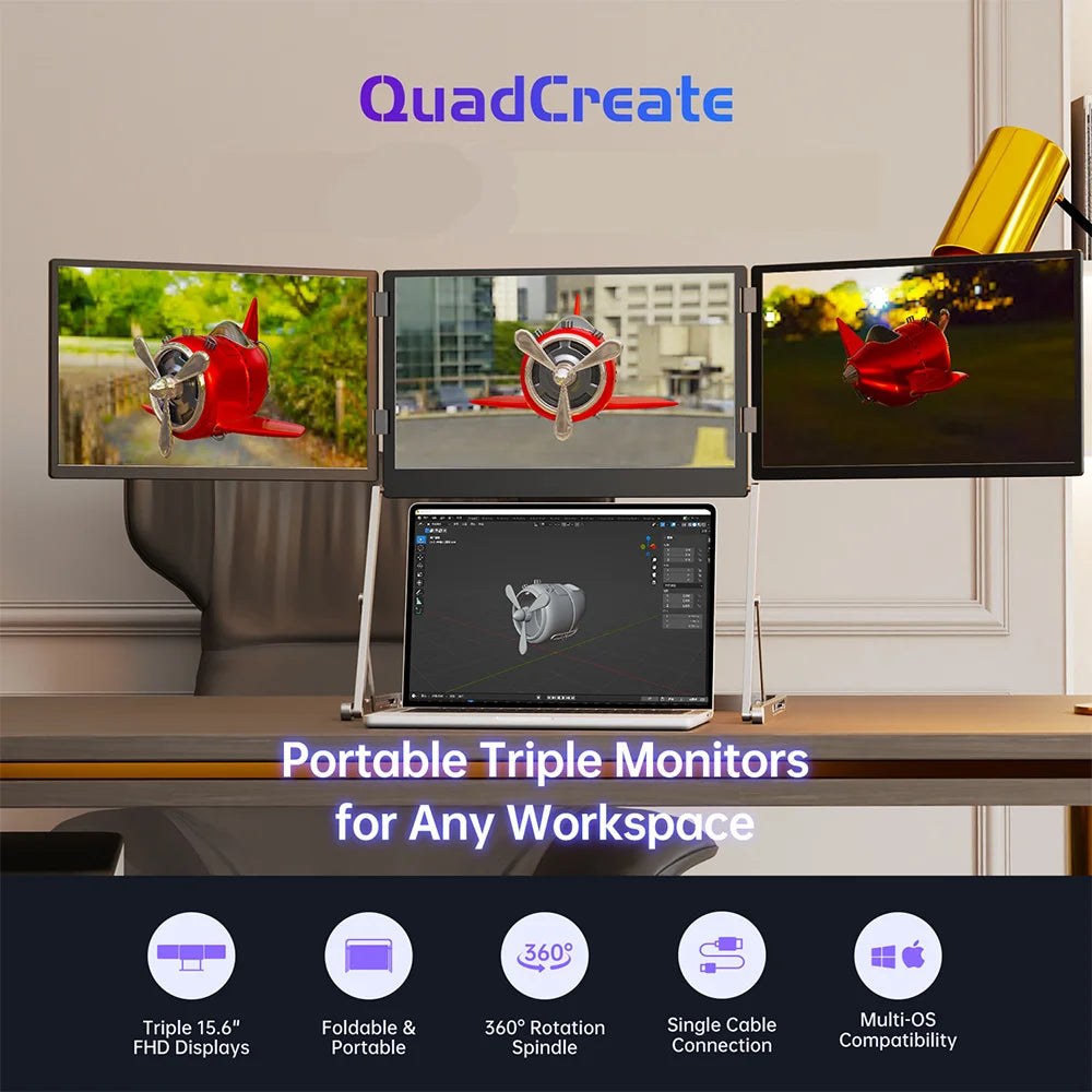 QuadCreate portable triple monitors setup on a desk with a laptop, displaying multiple screens.