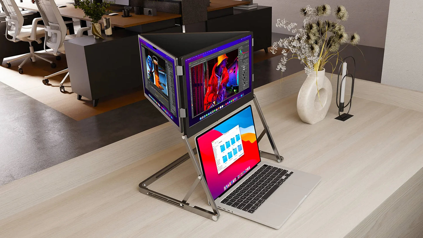 Laptop with an external monitor on a stand in a modern office setting