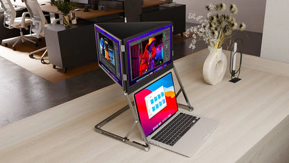 Laptop with an external monitor on a stand in a modern office setting