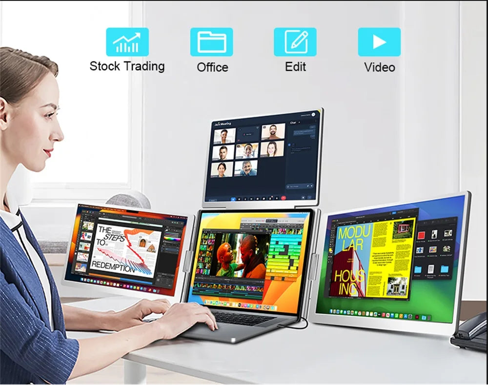 Person using a laptop with four external displays for different tasks.