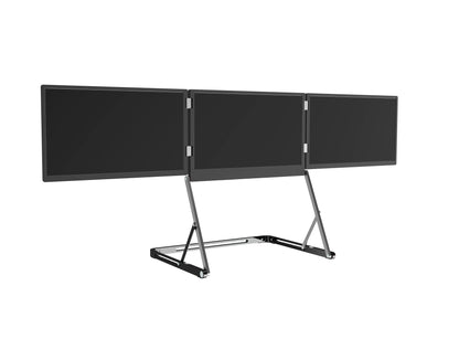 Three flat-screen monitors on a stand with a white background