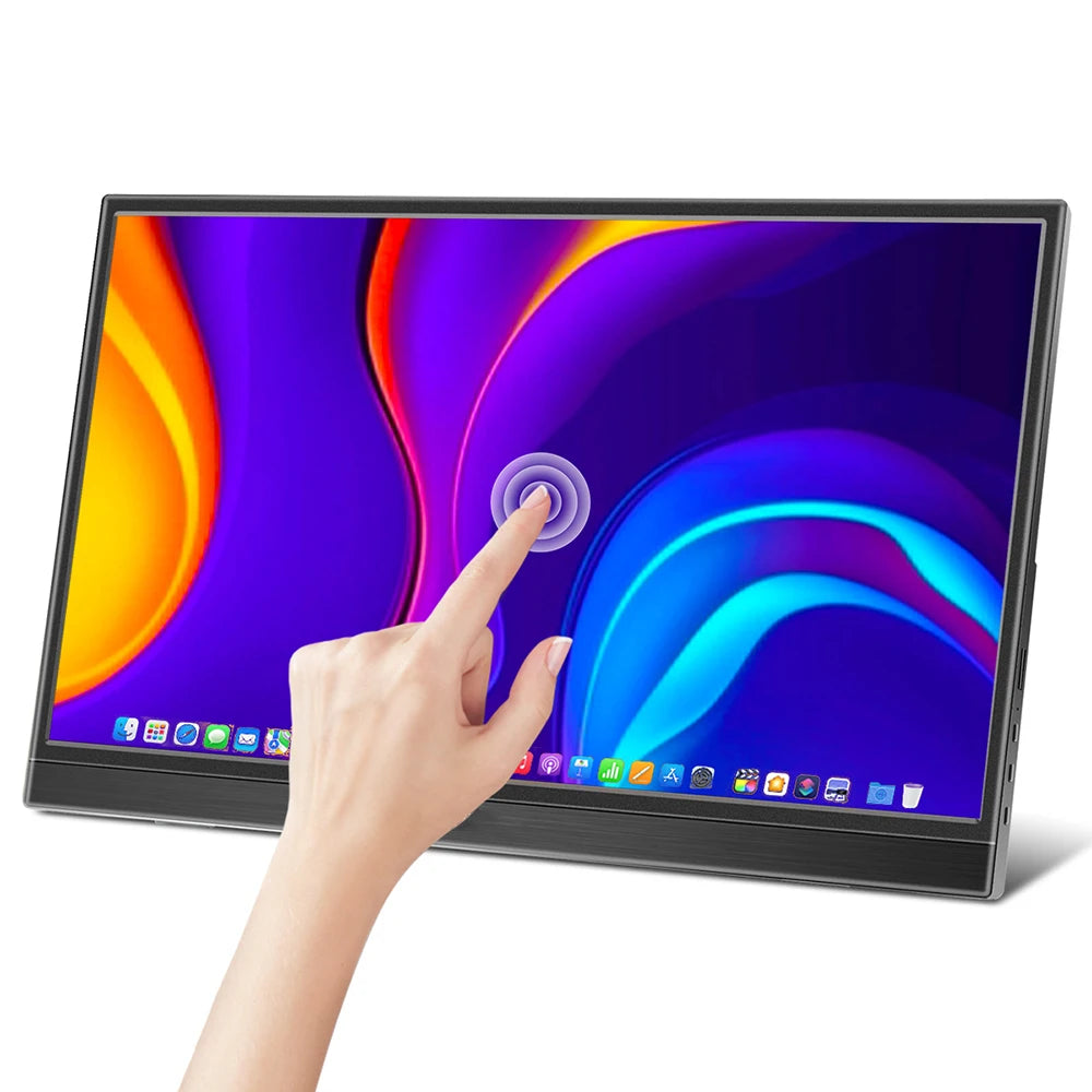 Touchscreen monitor with a hand interacting with the screen on a white background