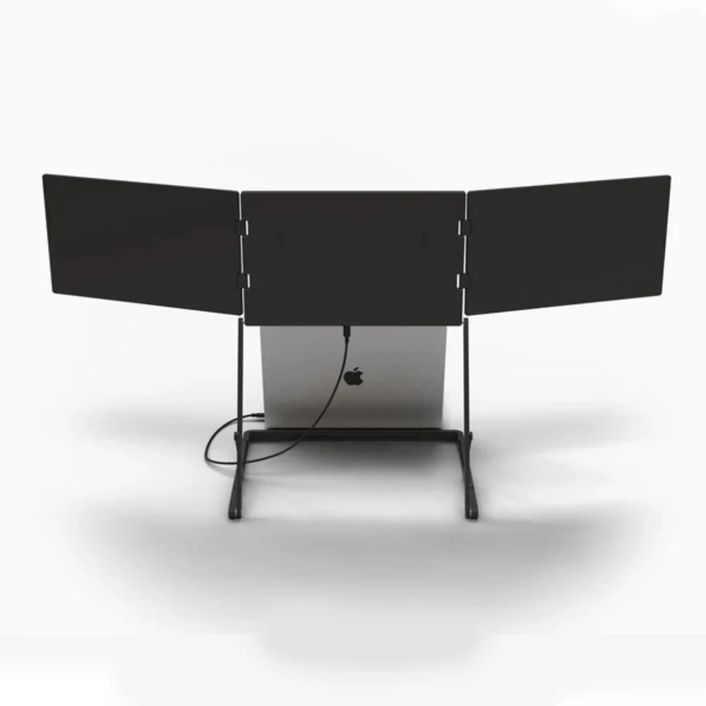 Three-panel computer monitor setup on a white background